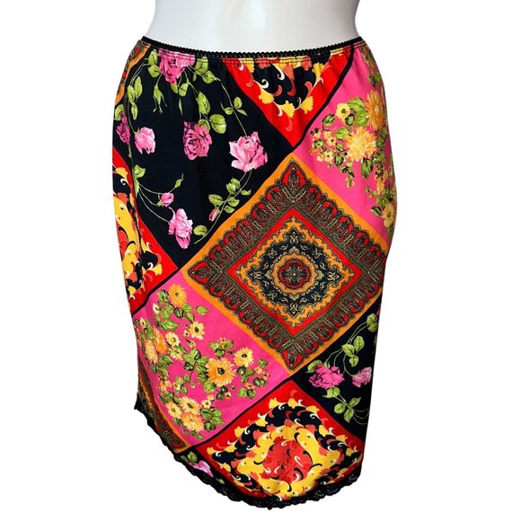 Vintage Dresses & Skirts - Vtg Y2k Colorful Floral Paisley Patchwork Handkerchief Hem Fitted Skirt Medium